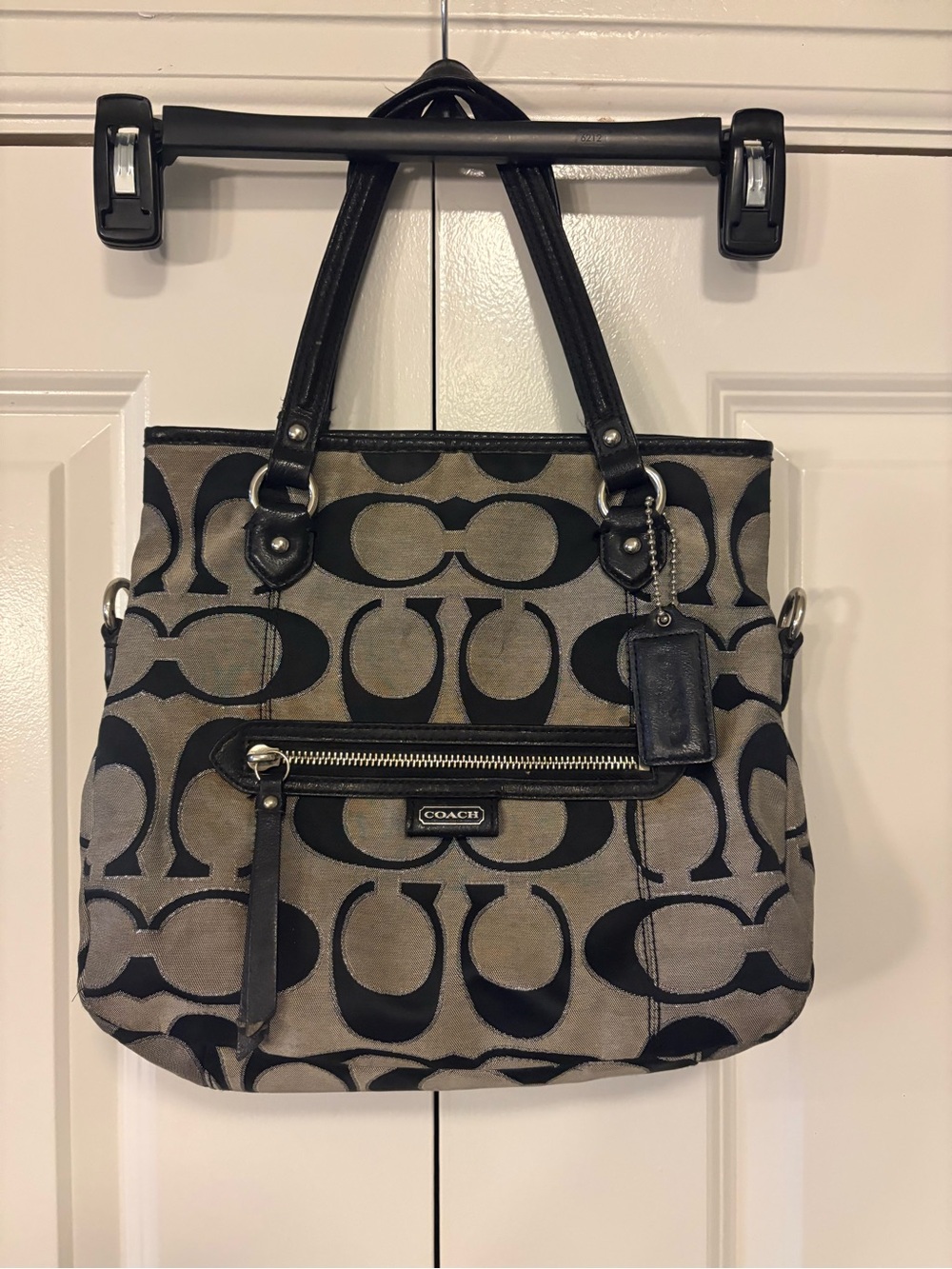Coach Monogram Canvas Tote in Black and Tan